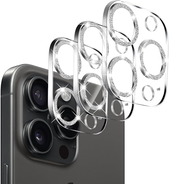 Dengduoduo 3 Pack Tempered Glass Camera Lens Protector for iPhone 15 Pro 6.1" & for iPhone 15 Pro Max 6.7", Bling Glitter Ultra HD, 9H Hardness, Anti-Scratch, Case Friendly [No Affect on Night Shots] by Dengduoduo