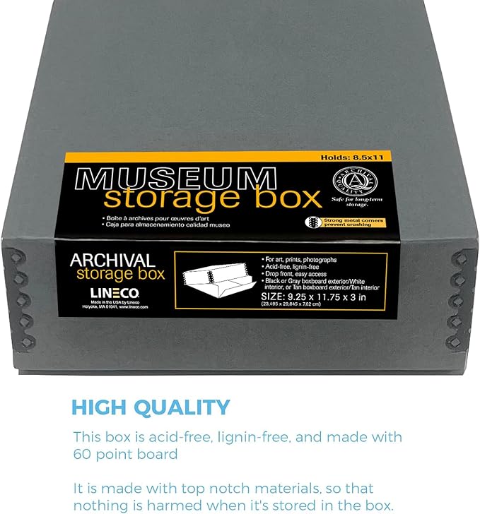 Lineco Drop Front Archival Storage Box, 9.25x11.75x3 in, Gray, 2 Pack | Acid-Free with Metal Edge, Preserves Picture Longevity, Organize Photos, Newspapers, Prints, Documents, Crafts, DIY - Image 4