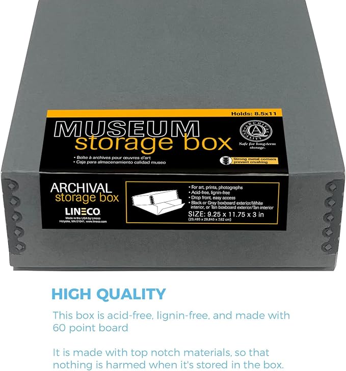 Lineco Museum Archival Storage Box, Drop Front, 9.25x11.75x3 in, Gray | Acid-Free with Metal Edge, Preserves Picture Longevity, Organize Photos, Newspapers, Prints, Documents, Crafts, DIY - Image 4