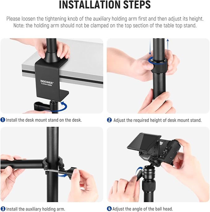 NEEWER TL253A+DS001 Table Camera Tripod with 2 Section Arm | Phone Holder, Ball Heads, Screw Adapter, Table Light Stand for Camera, Mobile Phone, Webcam, Ring Light - Image 7