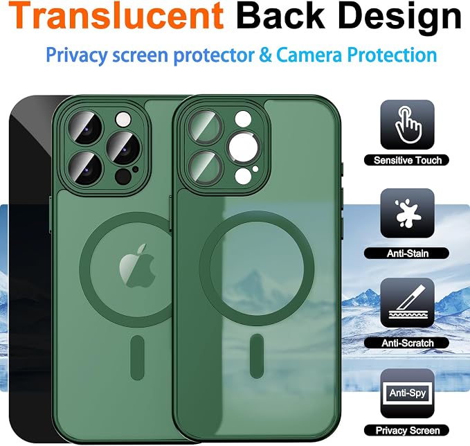 for iPhone 13 Pro Max Case with Privacy Screen Protector, Green | Full Camera Protection, Translucent Matte Magnetic, Compatible with MagSafe, Shockproof Phone Cover, Slim Fit - Image 2