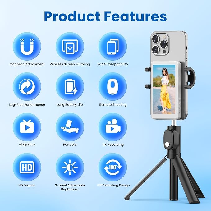 Vlog Selfie Monitor Screen iPhone, Screen Mirroring with Remote Control | 4K 60fps Recording, Magnetic Fixation, 180° Rotation, 3 Levels of Brightness, Compatible with iPhone & Android - Image 4