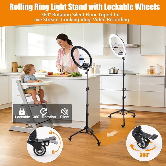 19" Ring Light with Stand, 75" Tripod Rolling Wheels, Phone & ipad Holders | 3 Color Modes & 6300K Dimmable LED Light, Large Ring light for Photography Streaming Video Recording Barber Tattoo Makeup - Image 6