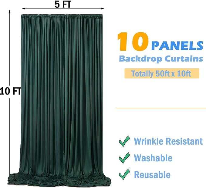 50ftx10ft Wrinkle Free Hunter Green Backdrop Curtains for Party Background, 10 Panels Silky Fabric Green Photo Backdrop Drapes Back Drop Cloth for Wedding Birthday Photography Baby Shower Decor - Image 2