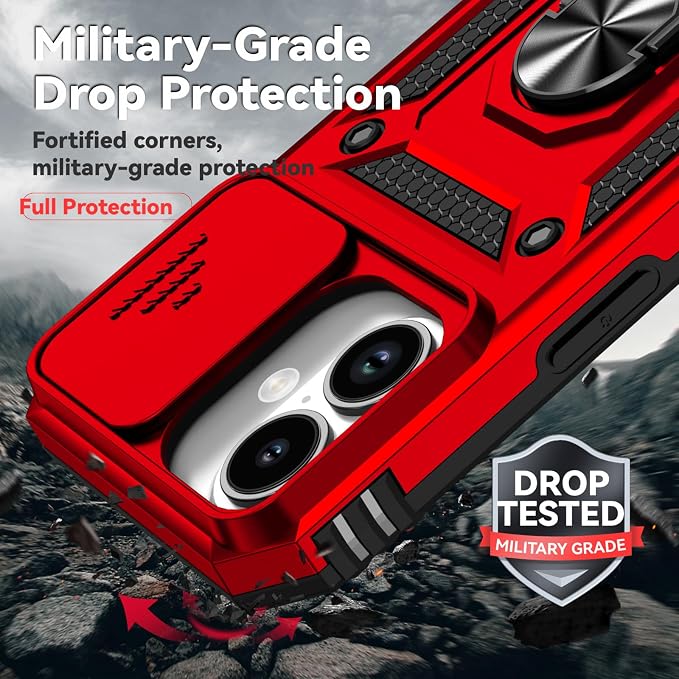 HNHYGETE for iPhone 17 Case with Screen Protector: [Military Grade 20ft. Drop Tested] Slide Camera Cover Ring Shockproof Protective Phone Case for - iPhone 17 (Red) - Image 3