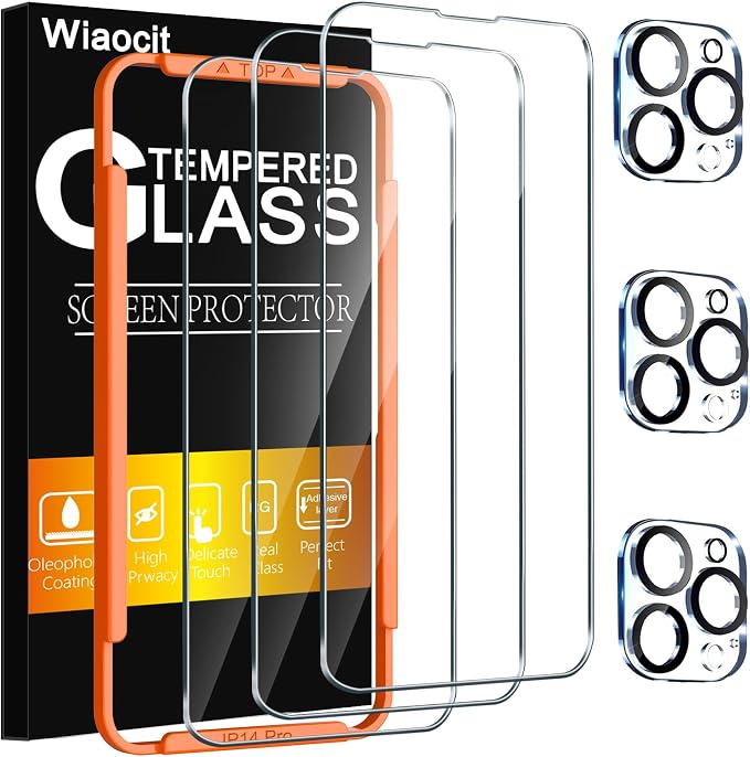 Wiaocit Tempered Glass Screen Protector for iPhone 14 Pro | 3+3 Pack, 9H Hardness, Camera Lens Protector, Installation Frame, Bubble Free, Case Friendly by Wiaocit