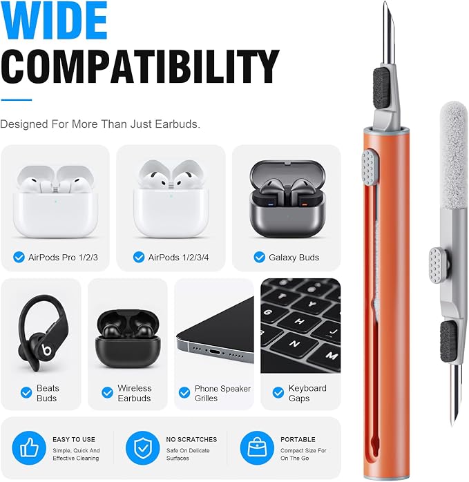 Hyashee Cleaner Kit for Airpods Pro 1 2 3 Multi-Function Cleaning Pen with Soft Brush Flocking Sponge for Bluetooth Earphones Case Cleaning Tools (Orange) - Image 6