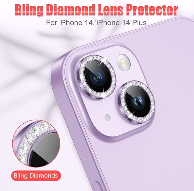 AGVEE 3+3 6 Pack for iPhone 14/14 Plus Camera Lens Protector Cover | Individual Bling Diamond & Bling Glitter Sparkle Cute Gem Metal Ring, 9H Tempered HD Glass - Image 4