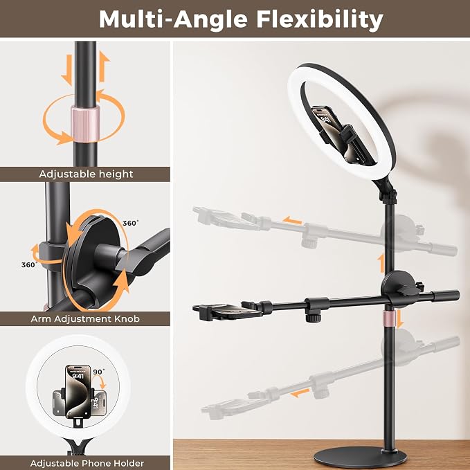 11" Desk Ring Light,Wireless Bluetooth Ring Light with Stand & Phone Holder,Overhead Phone Mount for Video Recording,Tripod for Cooking Videos,Webcam Lamp/TikTok/YouTube,Compatible with iPhone Camera - Image 6