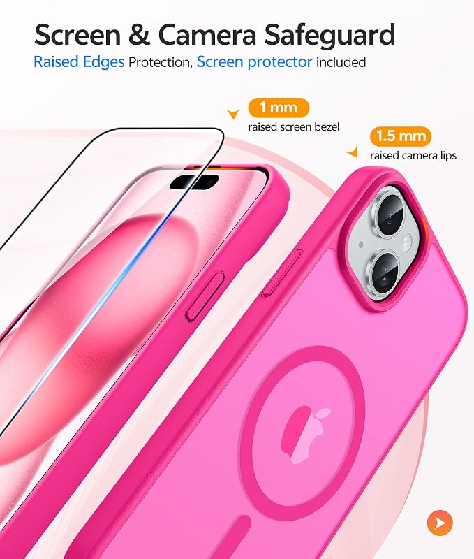 FNTCASE for iPhone 15/14/13 Case, Fit for Magsafe, Glass Screen Protector | Translucent Matte, Magnetic Phone Cases, 14FT Military Grade Drop Protection, Slim Shockproof Protective Cover, Hot Pink - Image 4