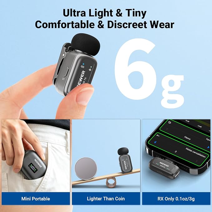 NEEWER KM19 Wireless Lavalier Microphone Compatible with iPhone 17 16, Gray | Compatible with iPhone Android & PC, Mini Lav Mic, App Control, 3 Level Noise Cancelling, 30h Battery, 100m, Video Recording - Image 2