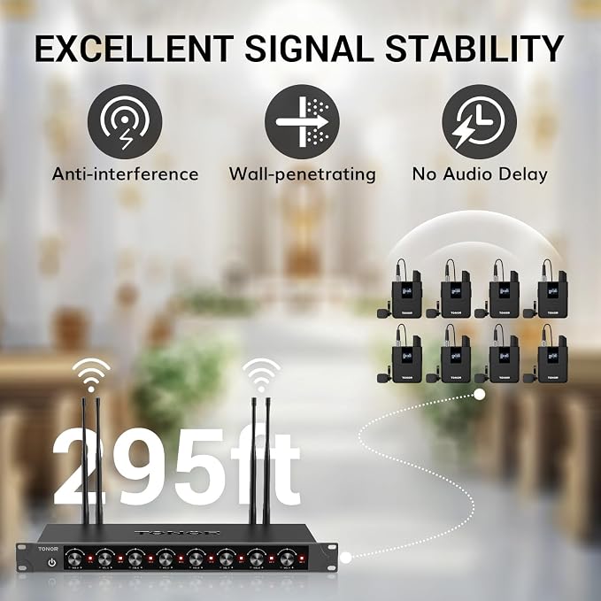 TONOR Wireless Microphones System with 8x12 Channels Headset/Lavalier Lapel Mics, Bodypack Transmitter, Receiver, 90 m/295ft UHF Range for Church Conference Performance Singing Karaoke PA Speaker - Image 2