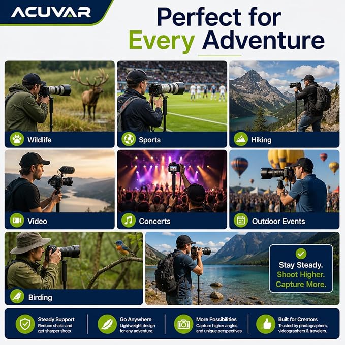 Acuvar Pro Series 72" Camera Monopod with Quick Release Plate, Lightweight 4-Section Aluminum Monopod for DSLR & Mirrorless Cameras, Canon, Nikon, Sony, Fujifilm, Panasonic, Olympus, Pentax - Image 5