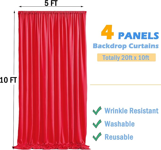 20ftx10ft Red Backdrop Curtains for Parties, Wrinkle Free 4 Panels Silky Polyester Photo Backdrop Drapes Back Drop Cloth Drapery for Wedding Birthday Photography Background Decor - Image 6