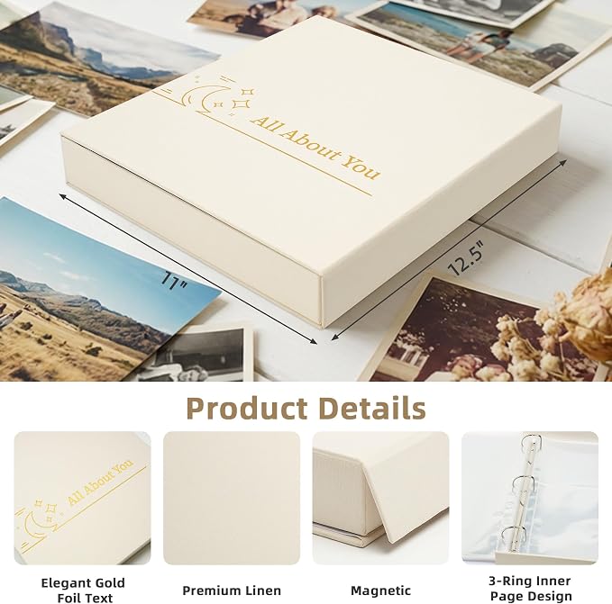 4x6 Photo Storage Box with 3-Ring Slip-In Album, Linen Binder Organizer with Gold Foil Cover, Holds 310 Photos with Blank Memo Cards for Memories & Keepsakes, Beige - Image 3
