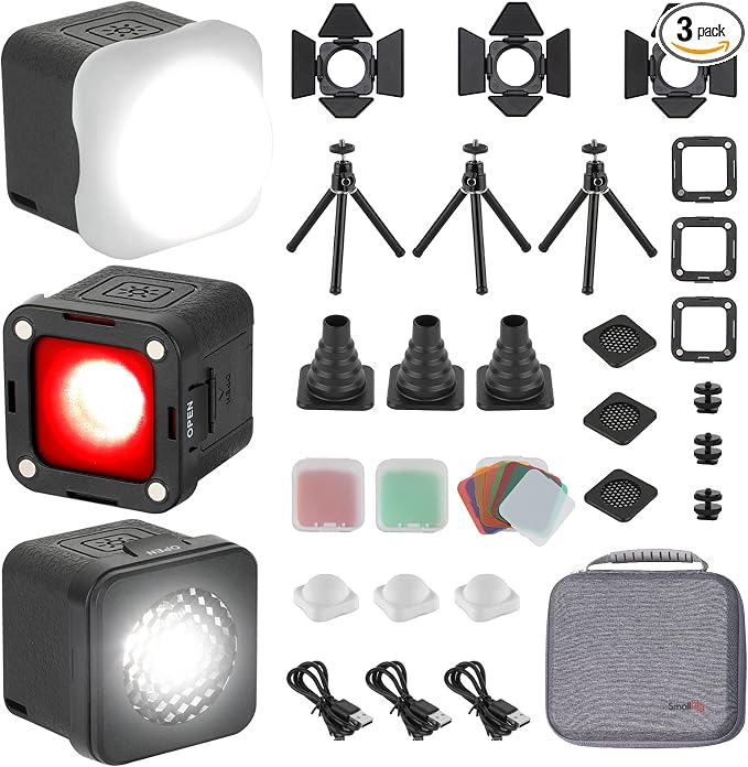 SmallRig 3 Pack RM01 Mini LED Video Lighting Kit, Lume Cube Camera Light | Dimmable 5600K CRI95, Portable, Waterproof, with 8 Color Filters, Barndoor, Diffuser, for Macro Photography, Stop Motion by SmallRig