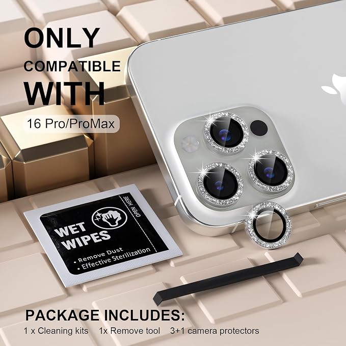 Misea Compatible for iPhone 16 Pro/iPhone 16 Pro Max Camera Lens Protector | 9H Tempered Glass Ultra HD Bling Camera Screen Protector Cover Metal Individual Ring Decoration Accessories, Silver Glitter - Image 2