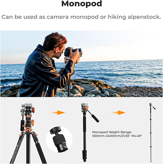 K&F CONCEPT 90''/230cm Horizontal Fluid Head Camera Tripod | Heavy Duty Overhead Shooting Video Tripods, Center Colmun, Detachable Monopod, for Indoor and Outdoor Use T254A7+FH-03 - Image 6