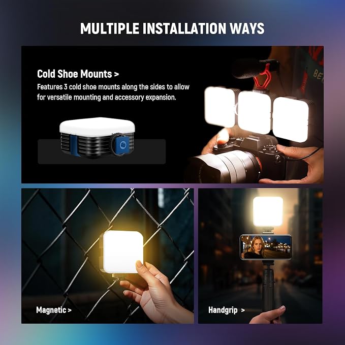 NEEWER Magnetic RGB Camera Video Light with Desk Tripod Stand & 3 Cold Shoes, Upgraded APP Control, CRI97+ 2500-8500K 2000mAh Rechargeable Photography Recording Small LED Panel Lighting, RGB62 - Image 7