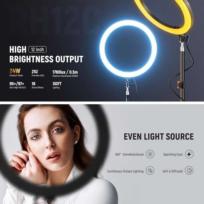 NEEWER 12" Ring Light with Stand Tripod Compatible with iPhone, 24W LED RGB Lighting with Phone Holder for Selfie Studio Photography Video Recording Makeup Lash Streaming, 2500-10000K CRI95+, RH12C - Image 2