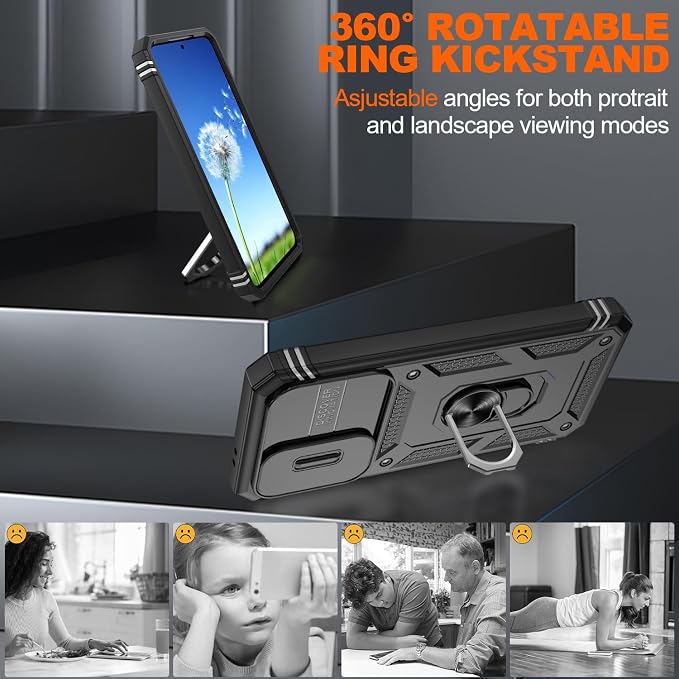 Gritup for Samsung Galaxy A37 5G Phone Case with Camera Cover | 2*Screen Protector | 360° Rotating Ring Kickstand, Military Grade Protective Cover para Samsung A 37, Black - Image 7