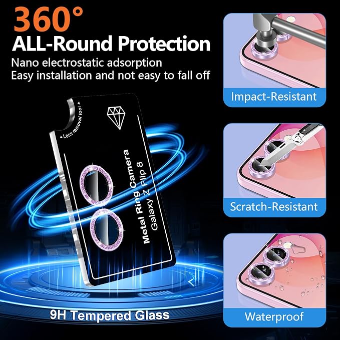 for Samsung Galaxy Z Flip 8 Camera Lens Protector, Individual Metal Ring Tempered Glass Lens Cover, [Strong Adsorption] Scratch Resistant Ultra-Thin HD Clear Lens Cover, 1 Set-Purple Sparkly - Image 2