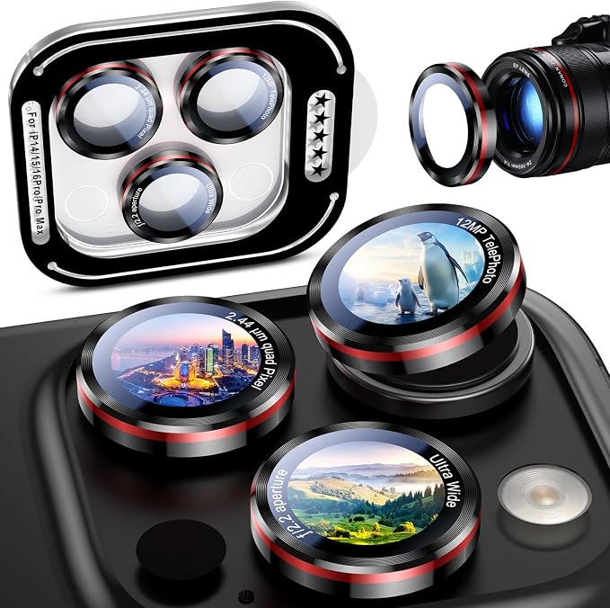 Uyiton for iPhone 17/16/15/14 (Pro Max & Pro) Camera Lens Protector | Unique Lines Text Design, Case-Friendly, Military-Grade Sapphire Glass Metal Camera Cover, Easy to Install, Black+Red by Uyiton