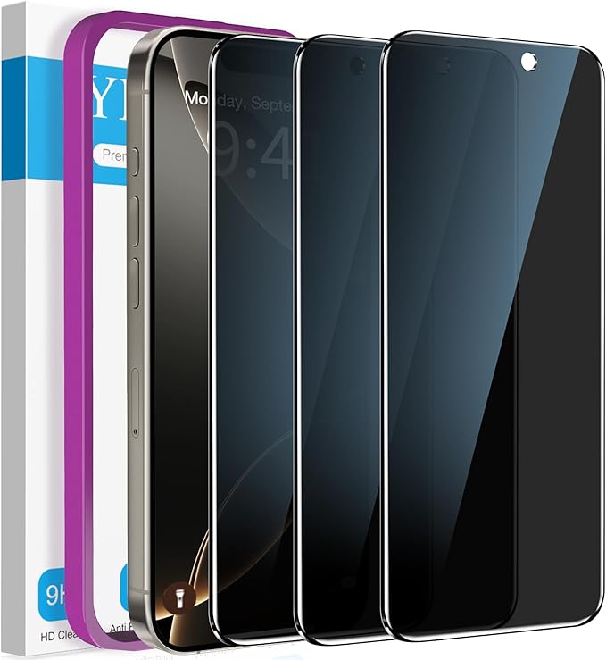 YMHML Compatible for iPhone 16 Pro Privacy Screen Protector Tempered Glass, Anti Spy Privacy Screen for iPhone 16 Pro 6.3 Inch Accessories, 3 Pack, Private Case Friendly Film, Easy Installation Tool by YMHML