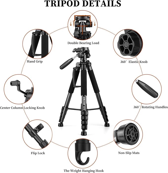 JOILCAN 74" Tripod for Camera Phone Video Recording Photography | Heavy Duty, Professional Travel Tripod, with Phone Clip and Carry Bag, Compatible with DSLR Canon iPhone, Max Load 15 LB - Image 7