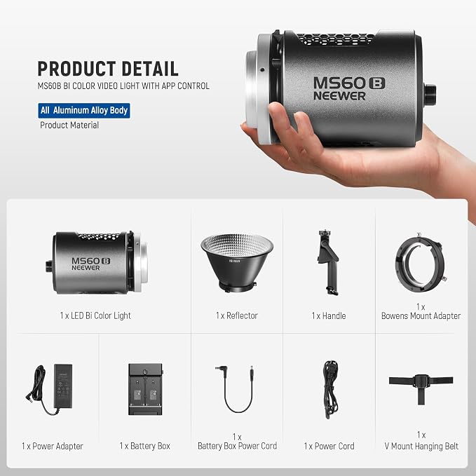 NEEWER MS60B LED Video Light 2.4G/APP Control, 65W Metal Mini Compact COB Continuous Output Lighting Spotlight 2700K-6500K, 40000lux@1m, CRI 97+/TLCI 98+, 12 Effects, PWM Dimming, Bowens Mount, Silver - Image 9