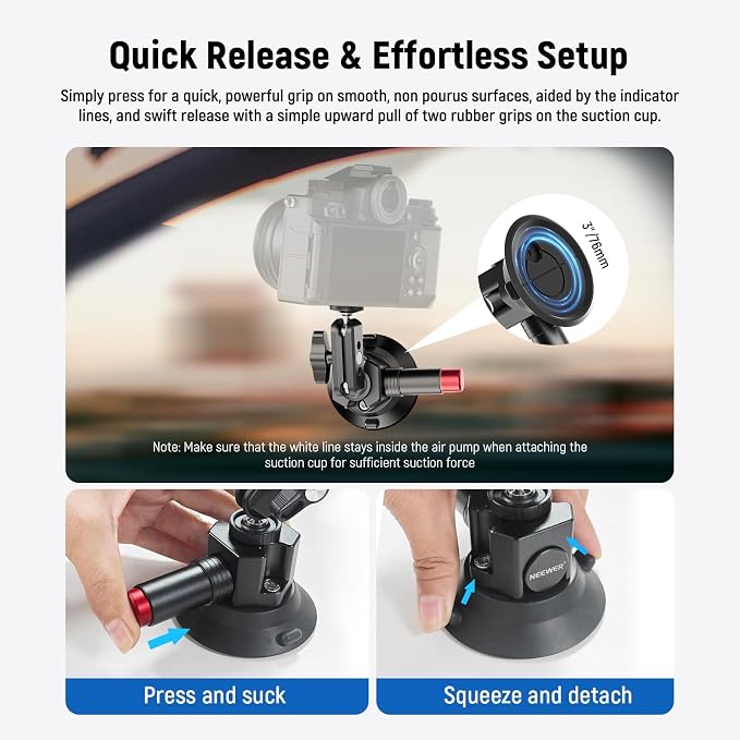 NEEWER 3" Suction Cup Camera Mount Bracket with Ball Head Magic Arm, CA104 | 1/4" ARRI Holes, Quick Release Car Mount, Phone Holder, Action Camera Adapter, Compatible with iPhone DJI Insta360 - Image 4