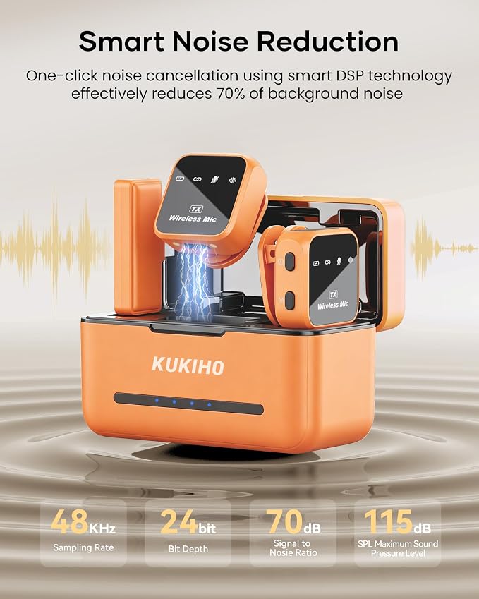 Wireless Lavalier Microphone for iPhone iPad Android with Charging Case 80h Battery Life, Noise Cancellation, 164ft Range Plug-Play Clip On Lapel Mic for YouTube, Video Recording, Vlog (Orange - Image 7