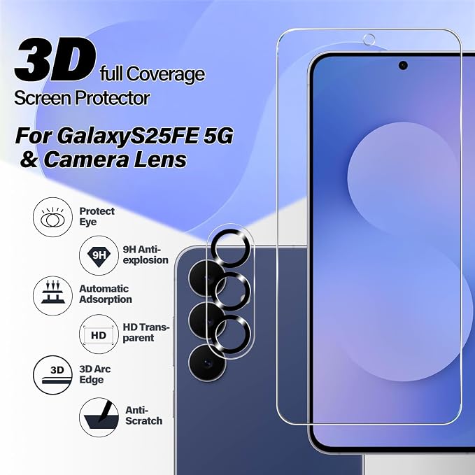 BIGFACE Galaxy S25 FE Tempered Glass Screen Protector + Camera Lens Protector [2 + 2 Pack][Case Friendly][Anti-Scratch][Ultrasonic Fingerprint Unlock] HD Protective Film for Samsung Galaxy S25 FE - Image 2