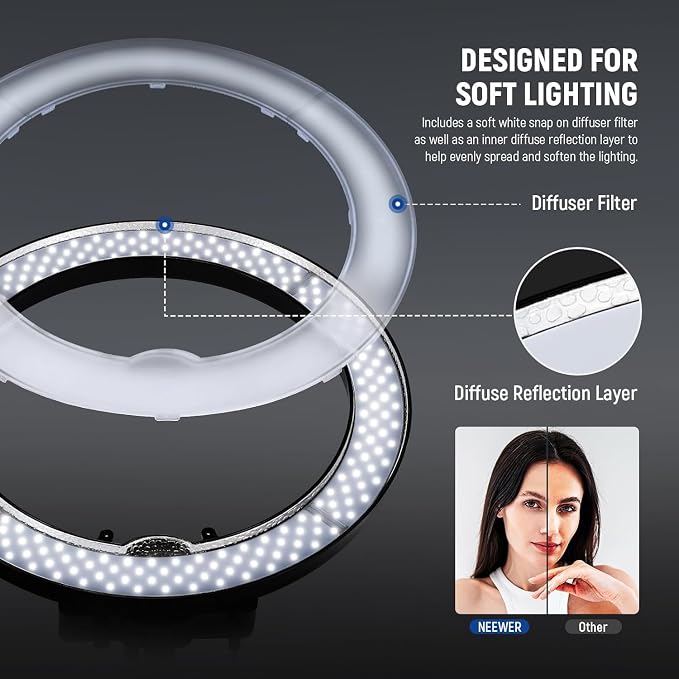 NEEWER RL-18 18 Inch Ring Light with Tripod Stand, 55W Large LED Ringlight | Cold Shoe, Phone Holder, Compatible with iPhone Camera, for Video Recording Photography Streaming Selfie Makeup Studio Photo - Image 4