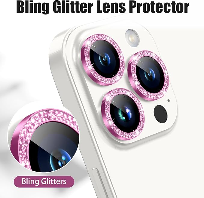 AGVEE 3+3 6 Pack for iPhone 15 Pro & Max Camera Lens Protector Cover | Individual Bling Diamond & Bling Glitter Sparkle Cute Gem Metal Ring, 9H Tempered HD Glass - Image 5