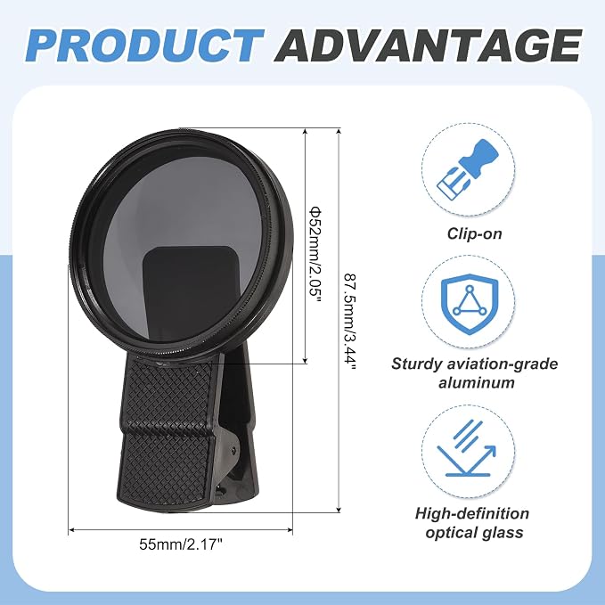 PATIKIL 52mm Phone Camera Lens, Clip-On ND8 Filter Circular Polarizing Lens for Most Smart Phones and DSLR Cameras, Black - Image 2