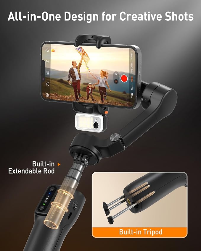 hohem iSteady V3 Gimbal Stabilizer for iPhone & Android with AI Tracker | iSteady 8.0, Detachable Remote, 8" Extension Rod, Tripod, Magnetic Fill Light, AI Tracking, 13H Battery for Vlogs, Black - Image 5