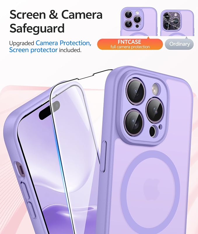 FNTCASE for iPhone 14 Pro Case, Compatible with Magsafe, Screen Protector | Full Camera Protection, Translucent Matte, 14FT Military Grade Drop Proof, Shockproof Protective Phone Cover, Light Purple - Image 4