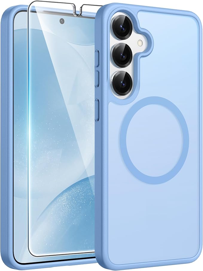 FNTCASE for Samsung Galaxy S25/S24 Case, Fit for Magsafe, Screen Protector | Translucent Matte Magnetic Back, 14FT Military Grade Drop Protection, Shockproof Protective Phone Cover, Light Blue by FNTCASE