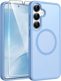 FNTCASE for Samsung Galaxy S25/S24 Case, Fit for Magsafe, Screen Protector | Translucent Matte Magnetic Back, 14FT Military Grade Drop Protection, Shockproof Protective Phone Cover, Light Blue by FNTCASE