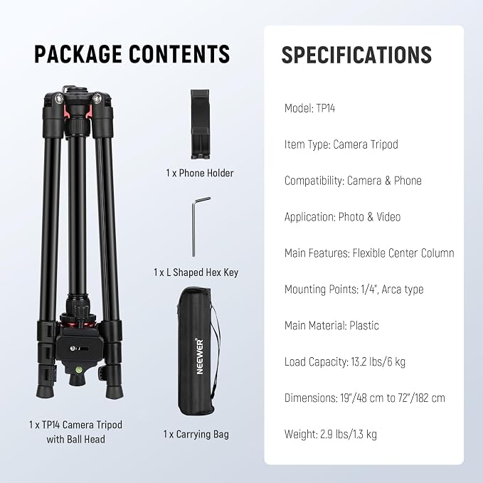 NEEWER Basics Travel Tripod for Camera, 72" Compact Lightweight Portable DSLR Stand, Ball Head, Arca Type QR Plate, Cell Phone Holder Compatible with iPhone Video Recording, Max Load 13.2 lbs, TP14 - Image 9