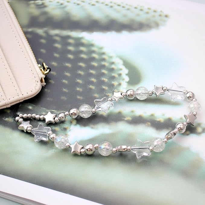 Beaded Camera Wrist Strap,Cute Phone Charm Decor,Pearl Bracelet Wrist Strap | Phone Keychain Decoration for Wallet,Durable Nylon Rope Lanyard,Compatible with all Phone Case,Silver Star - Image 7