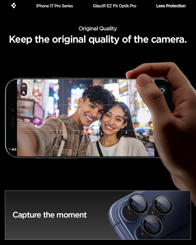 Spigen Camera Lens Protector for iPhone 17 Pro Max / 17 Pro - Blue Titanium | GlasTR EZ Fit Optik Pro, 9H+Tempered glass, Scratch resistant, Auto-align tray, Original photo quality, Case-friendly, 2Pack - Image 3
