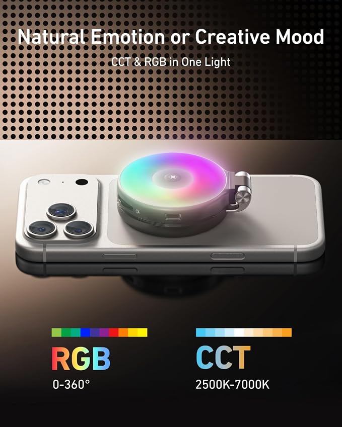 TELESIN Upgraded 4-in-1 Magnetic RGB Selfie Ring Light with Mirror & Phone Stand, Rechargeable Portable Clip On Fill Light for iPhone Samsung TikTok, Vlogging, Makeup, Photography, Streaming (Black) - Image 3