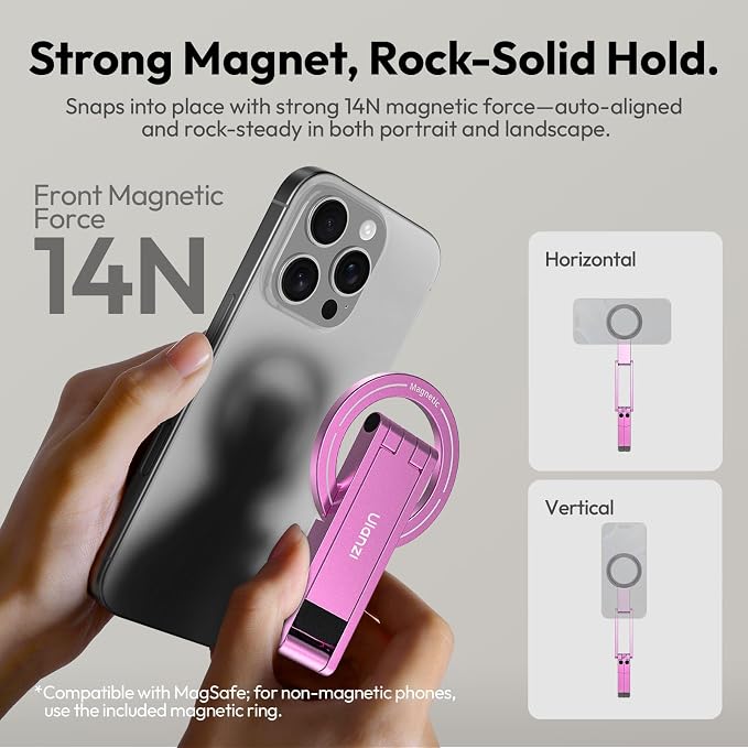 ULANZI MA60 Phone Tripod for Magsafe, Aluminium Mini Phone Stand Pink | Pocket Size Cell Phone Stand, Foldable Selfie Stick for iPhone, Strong Magnet Quick Mount for iPhone 16 15 14 13 12 - Image 3