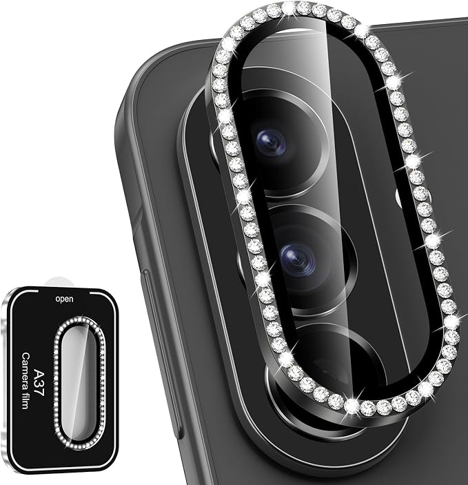 for Samsung Galaxy A37 Camera Lens Protector, Individual Metal Ring Tempered Glass Lens Cover, [Strong Adsorption] Scratch Resistant Ultra-Thin HD Clear Lens Cover, 1 Set-Black Diamond by Btscase