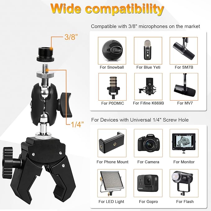 Mic Crab Clamp Microphone Mount, Desk Pipe Pole Clamp Mic Mount with Dual Ball Head Adjustment 1/4" to 5/8" Thread, Fits Mic Stand, Drum Stand, Desktop Shelf - Image 5