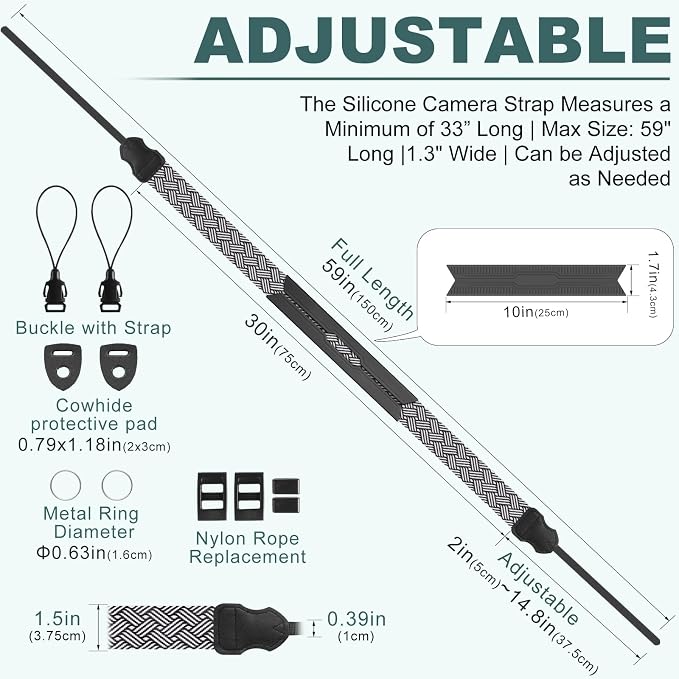 FIEIL Neck Strap Silicone Camera Straps - Padded Camera Strap, 1.5" Wide Adjustable Neck Strap - Compatible with Canon, Nikon, Sony, and More DSLR and Mirrorless Cameras (Black and White Stripes) - Image 5