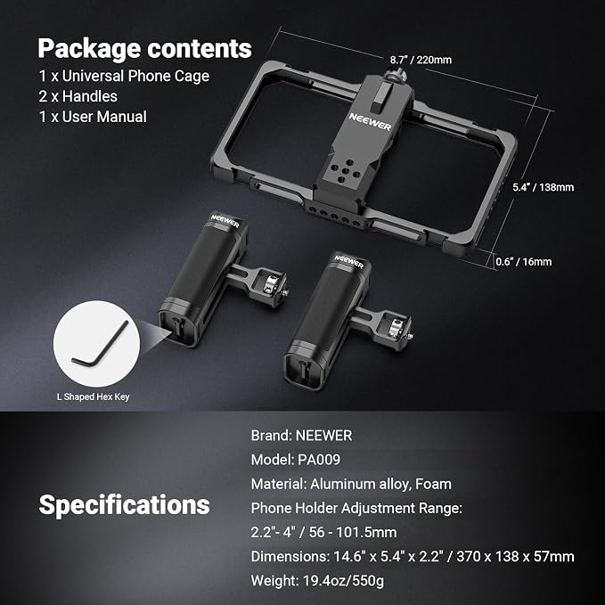 NEEWER Upgraded Phone Rig Vlogging Kit, Video Stabilizer with Dual Handle, Wireless Mic Clip Slot for TikTok YouTube, Compatible with SmallRig iPhone 17 Pro Max 16 16e 15 Galaxy S25 Ultra, PA009 - Image 8