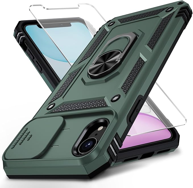 for iPhone XR Case with Camera Lens Cover, HD Screen Protector, 10 FT Military Grade Drop Protection, Magnetic Ring Holder Kickstand Protective Phone Case, Pine Green by Weycolor